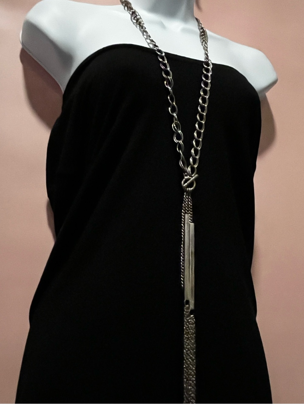 Silver Tassel Chain Necklace with Silver Bar Pendant